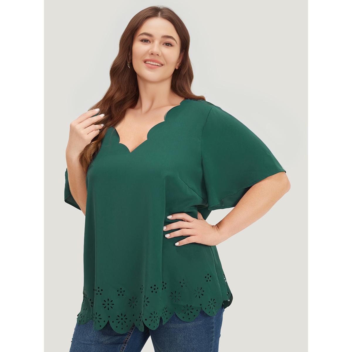Plus Size DarkGreen Solid Scalloped Trim Laser Cut Ruffle Sleeve Blouse Women Elegant Short sleeve V-neck Dailywear Blouses BloomChic 12/L Product Image