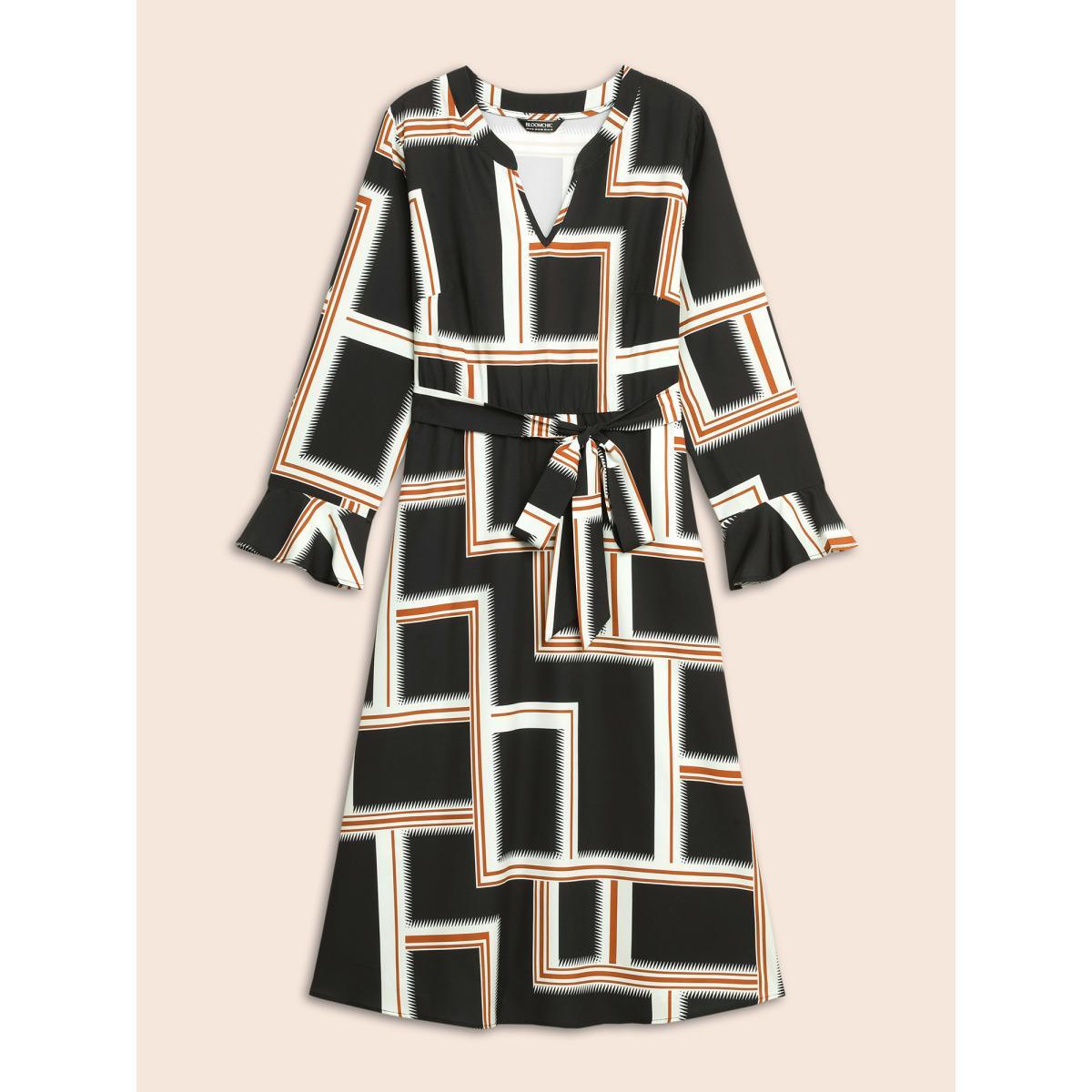 Plus Size Notched Collar Geometric Contrast Belted Dress Indigo Women At the Office Belted Notched collar Long Sleeve Curvy BloomChic 22-24/3X Product Image