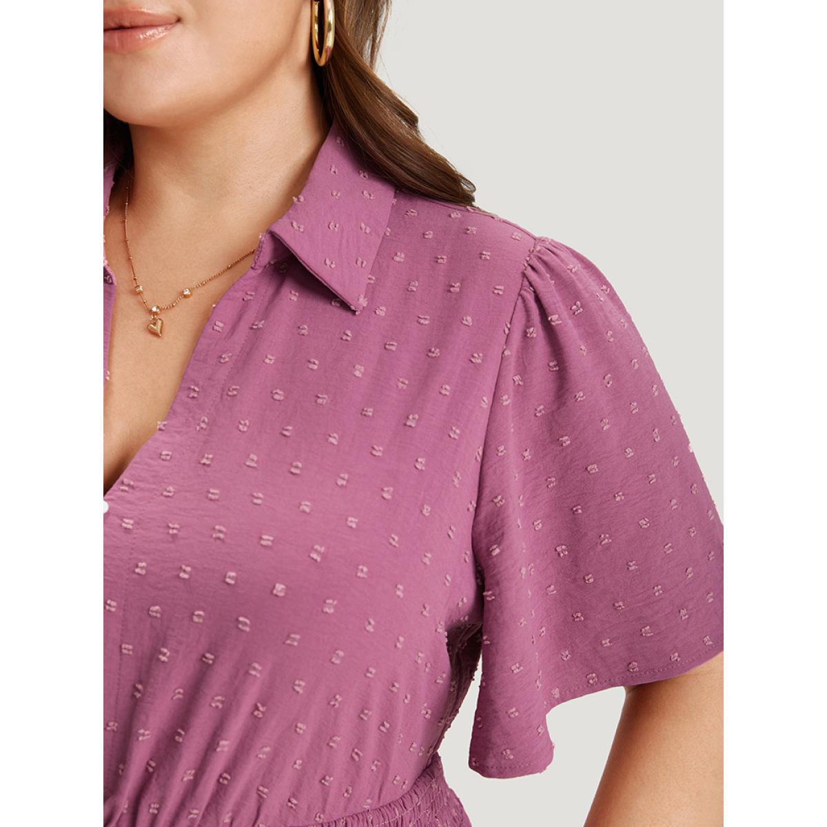 Plus Size Plain Pocket Shirt Collar Shirred Button Detail Dress Purple Women Office Button Shirt collar Short sleeve Curvy Knee Dress BloomChic 28/5X Product Image
