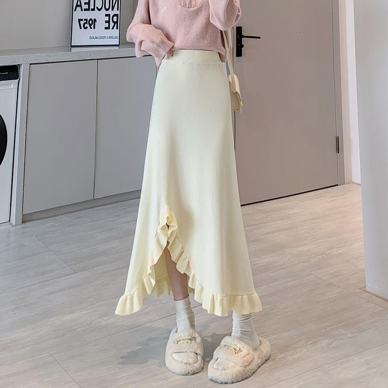 Elastic Waist Ruffle Trim Slit Midi A-Line Skirt Product Image