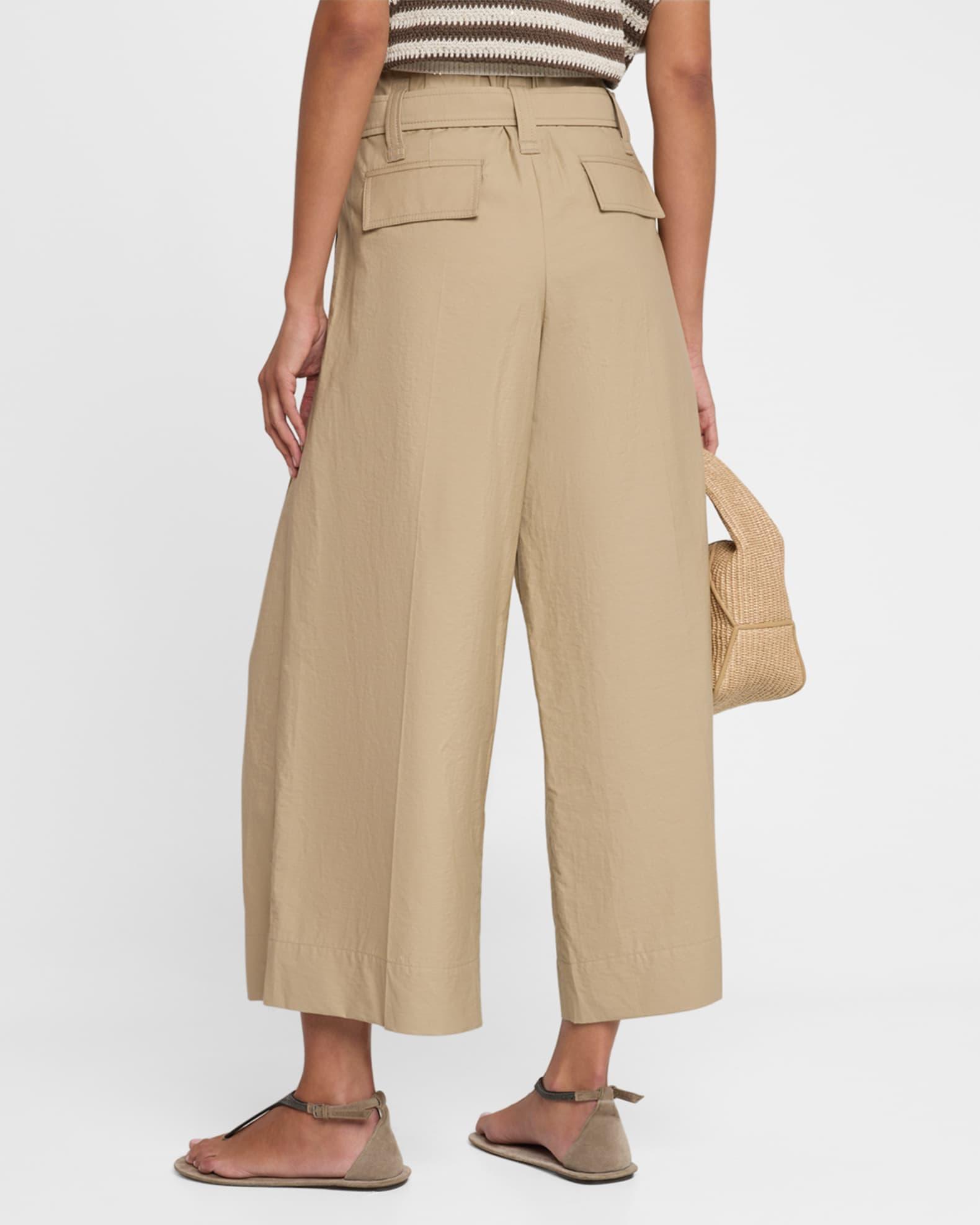 Pleated Cotton Wide-Leg Crop Trousers With Belt Product Image