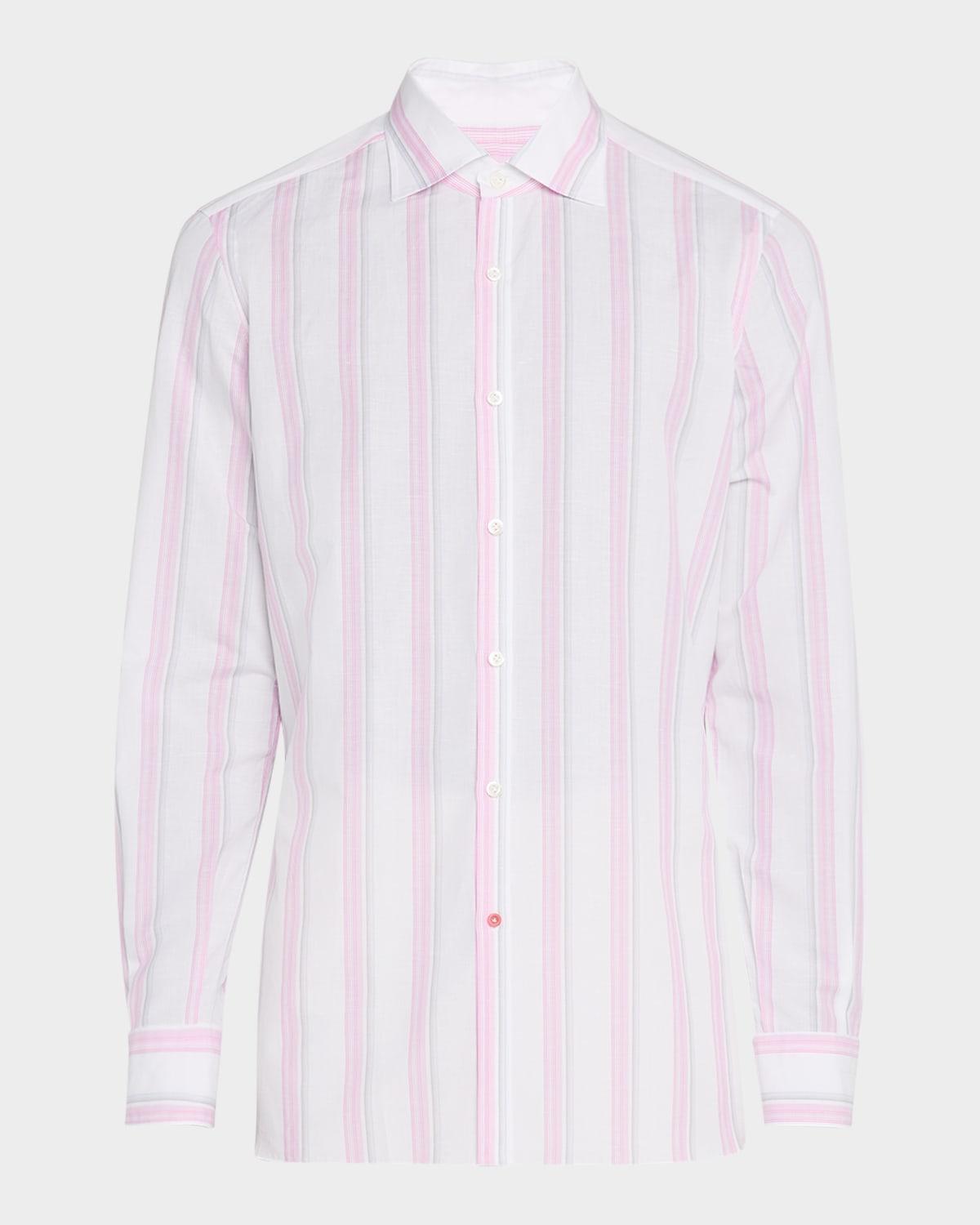 Mens Cotton and Linen Stripe Casual Button-Down Shirt Product Image