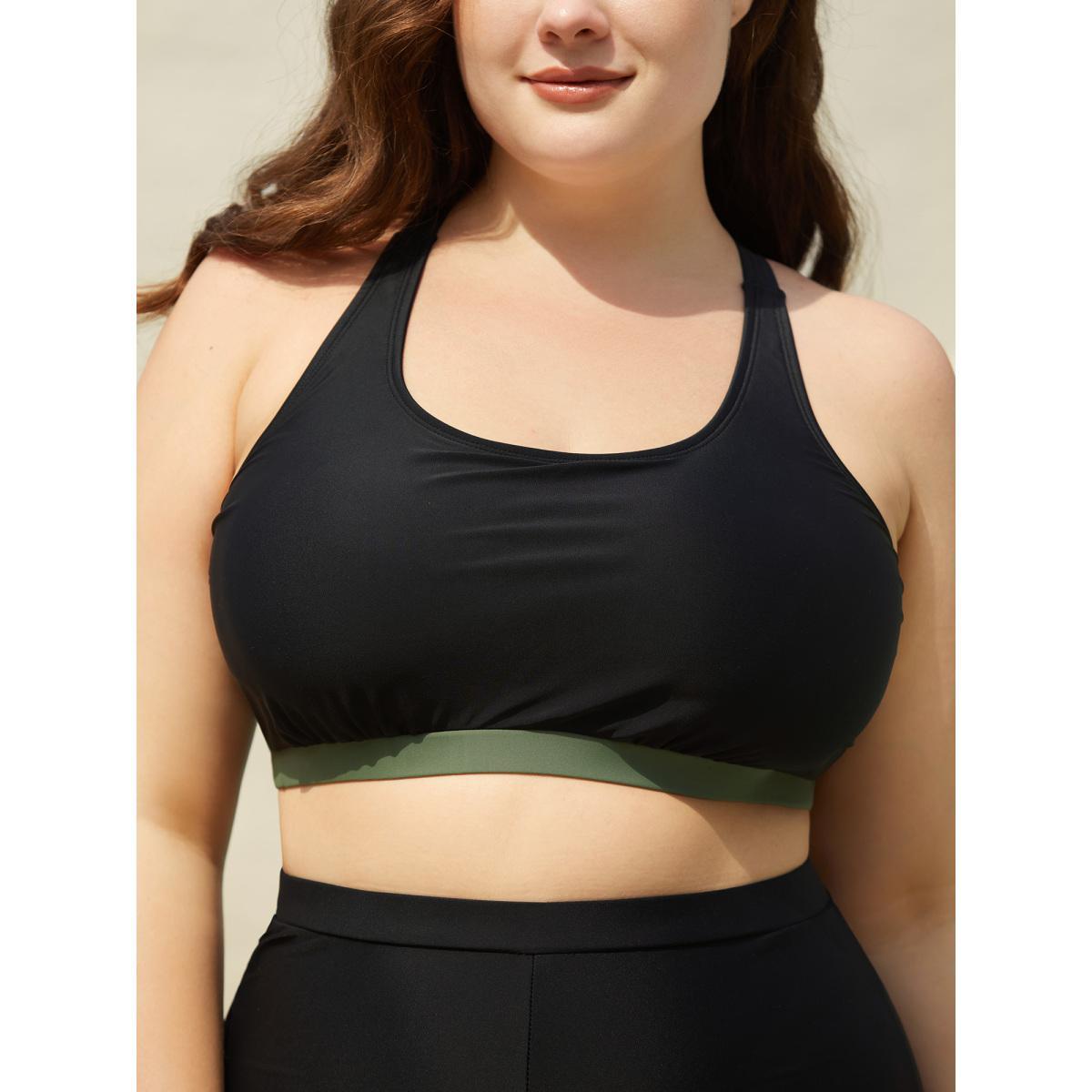 Plus Size 2-in-1 Padded Color Contrast Swim Tankini Women's Swimwear ArmyGreen Beach Contrast High stretch Bodycon U-neck Curve Swim Tops BloomChic 14-16/1X Product Image