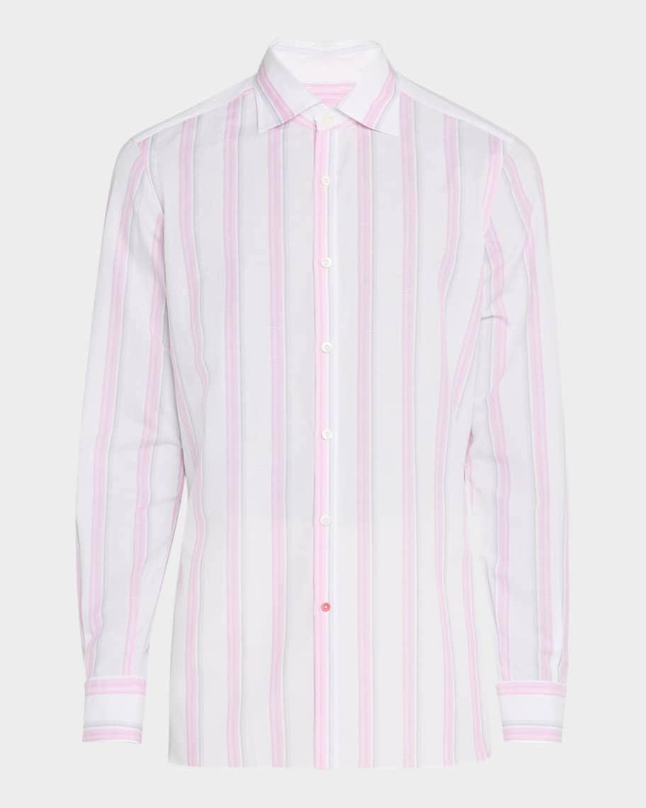 Mens Cotton and Linen Stripe Casual Button-Down Shirt Product Image