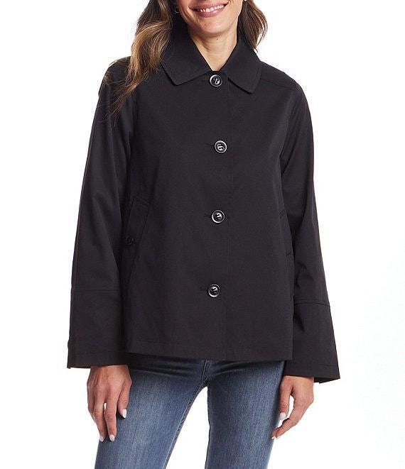 Gallery Ladies Solid Stand Collar Long Sleeves Water Resistant Button Front Short Rain Jacket Product Image