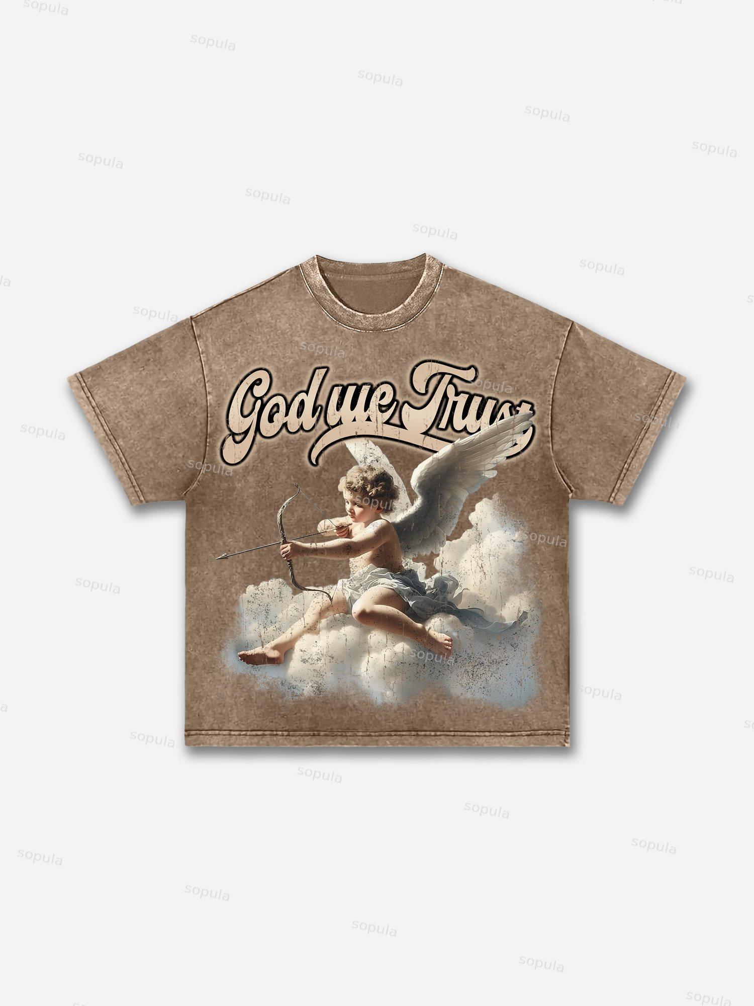 God We Trust Cupid Angel Aged Vintage Graphic Washed T-shirt Product Image