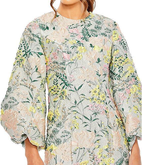 Mac Duggal Floral Brocade Crew Neckline Long Puff Sleeve Mini Dress Product Image