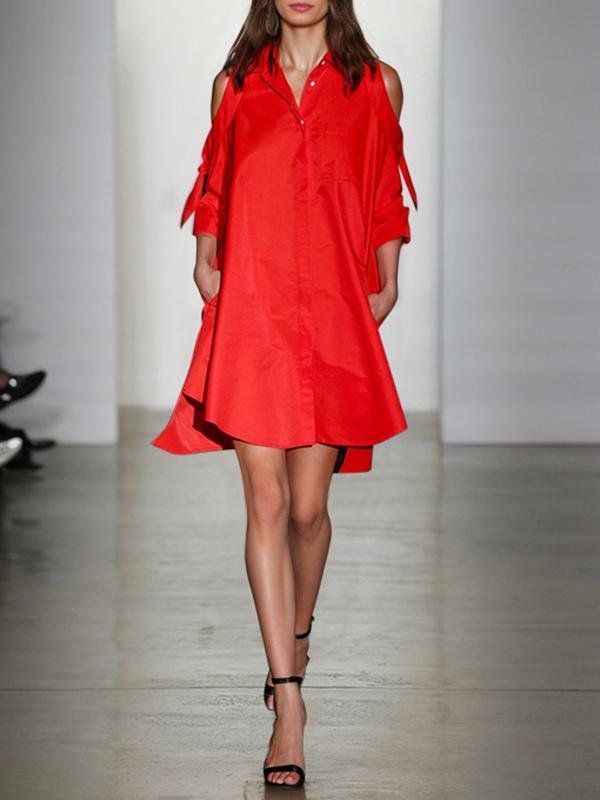 Loose Solid Color Split-Joint Cold Shoulder Mini Dresses Shirt Dress Product Image