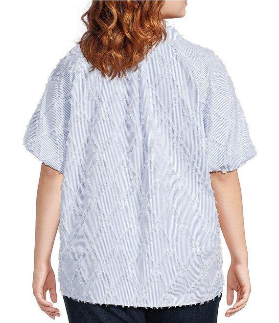Ali Miles Plus Size Yarn-Dye Clipped Jacquard Printed Point Collar Short Sleeve Button Front Shirt Product Image