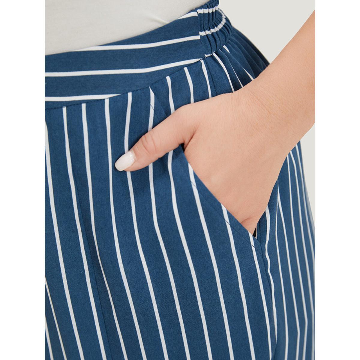 Plus Size Striped Print Loose Slant Pocket Pants Women Aegean Casual Straight Leg High Rise Dailywear Pants BloomChic 10/M Product Image