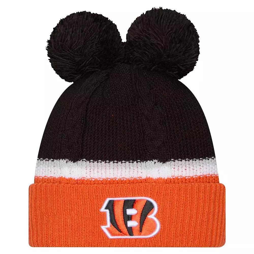Womens New Era Cincinnati Bengals Double Bubble Cuffed Knit Hat with Poms Product Image