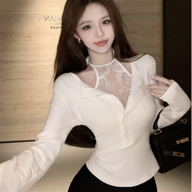 Long Sleeve Cold Shoulder Plain Mock Two Piece Panel Lace Top Product Image