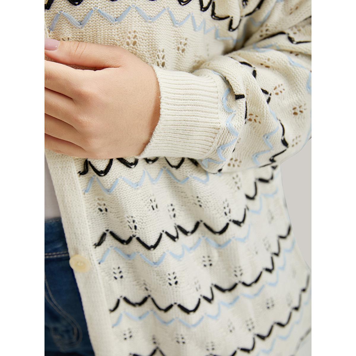 Plus Size UltraCool Wave Striped Eyelet Button Through Cardigan Beige Women Casual Loose Long Sleeve Everyday Cardigans BloomChic 28/5X Product Image