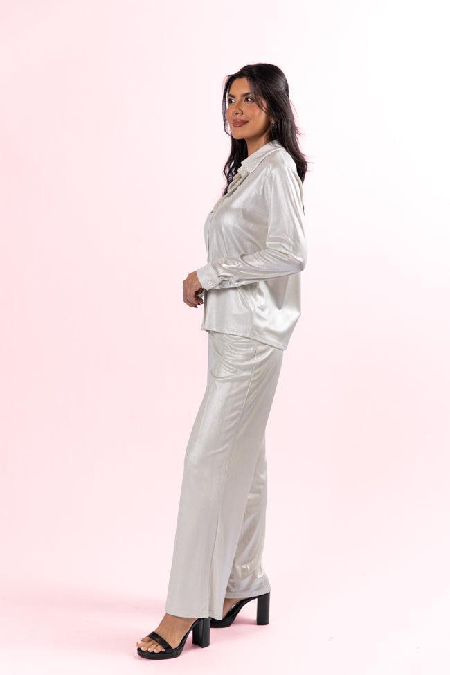 In The Works Silver Knit Button Down and Pants Set FINAL SALE Product Image