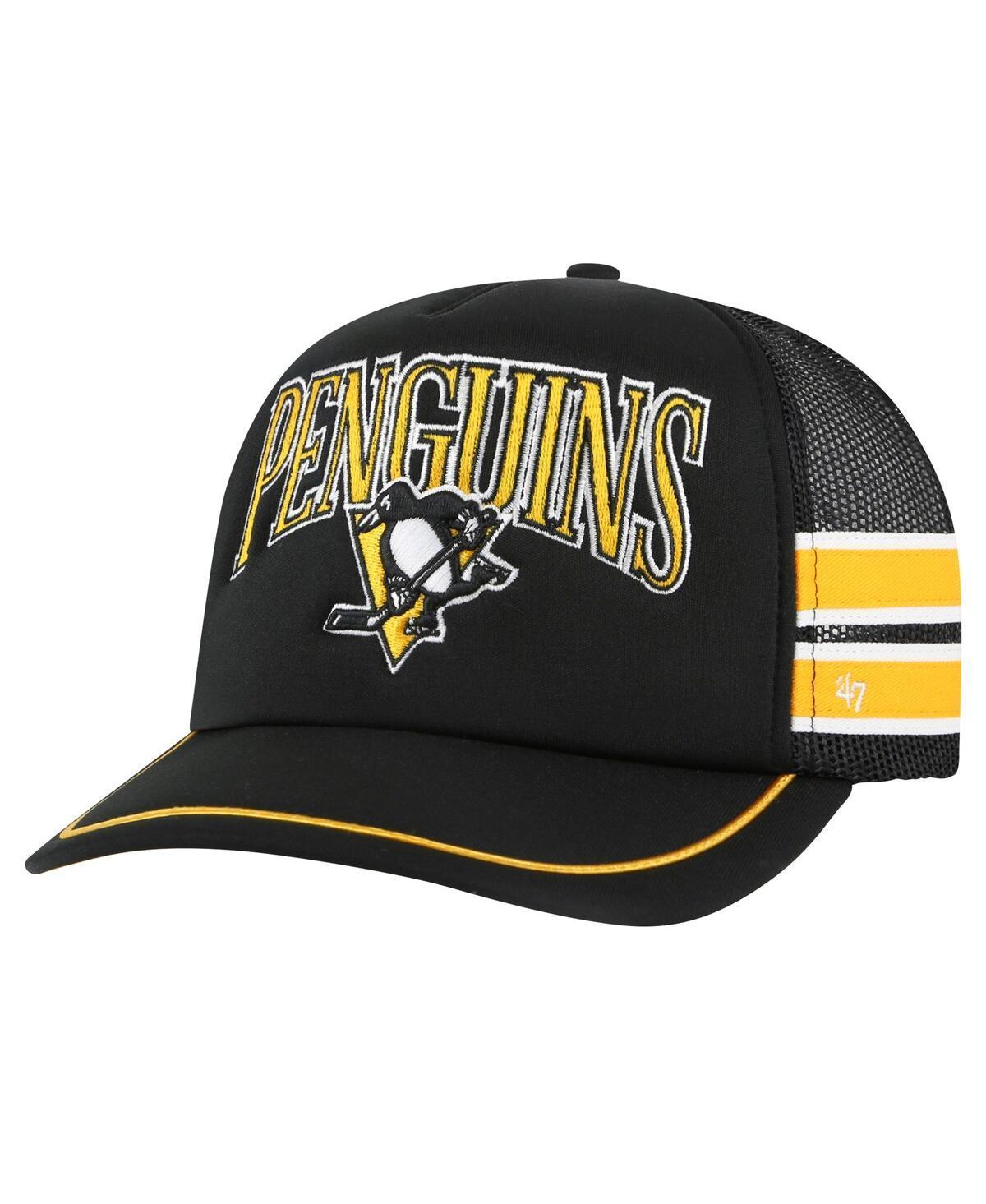 Men's '47 Black Pittsburgh Penguins Sideband Stripes Trucker Snapback Hat Product Image