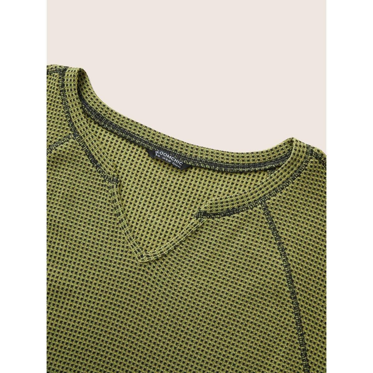 Plus Size Waffle Knit Notched Contrast Stitch Patchwork Sweatshirt Women ArmyGreen Casual Topstitching Notched collar Everyday Sweatshirts BloomChic 18-20/2X Product Image
