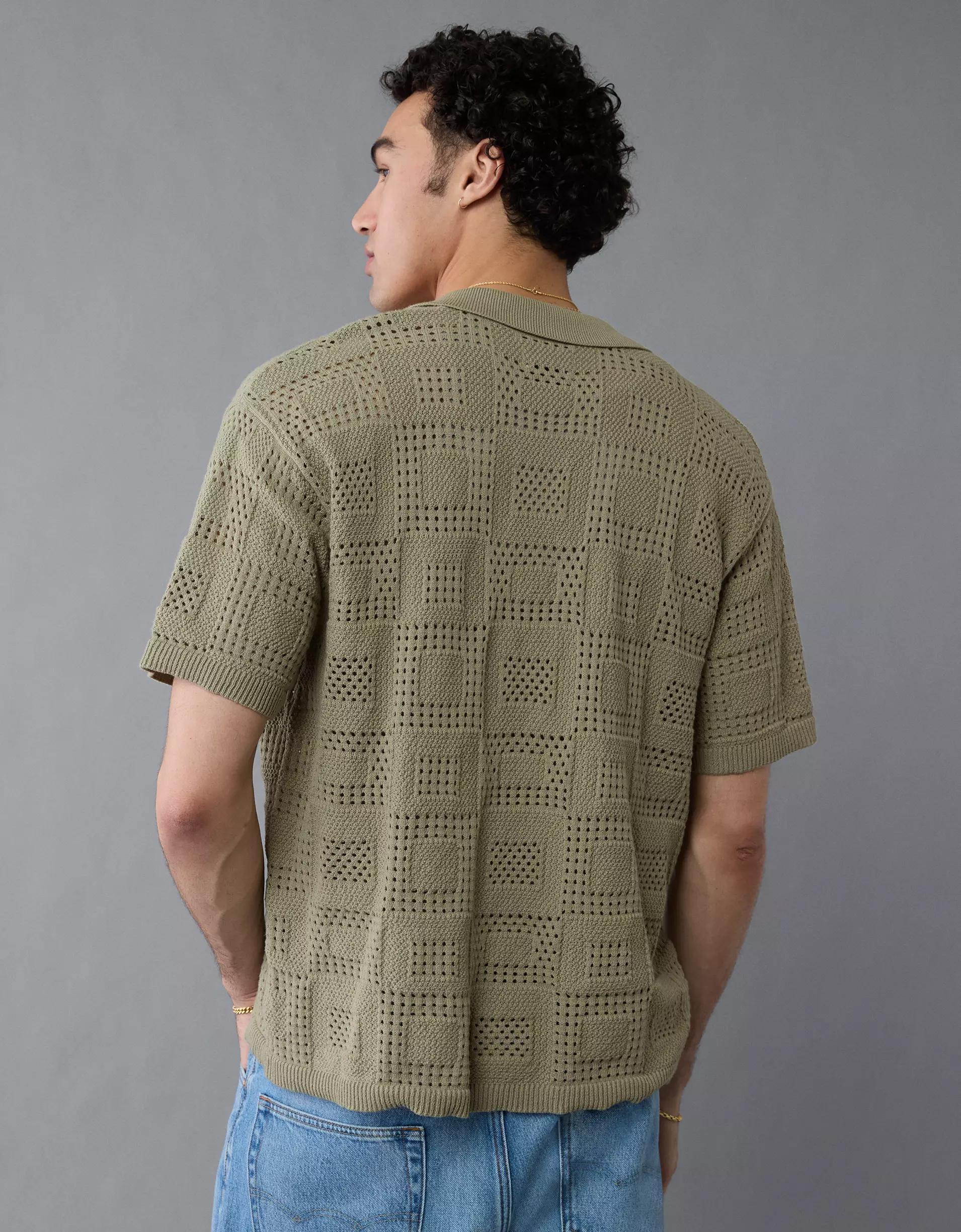 AE Weekend Textured Checkerboard Button-Up Sweater Polo Shirt Product Image
