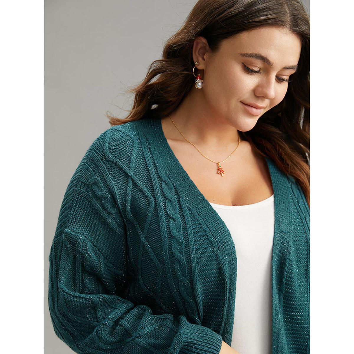 Plus Size Plain Cable Knit Luxe Open Front Cardigan Cyan Women Casual Loose Long Sleeve Dailywear Cardigans BloomChic 26/4X Product Image