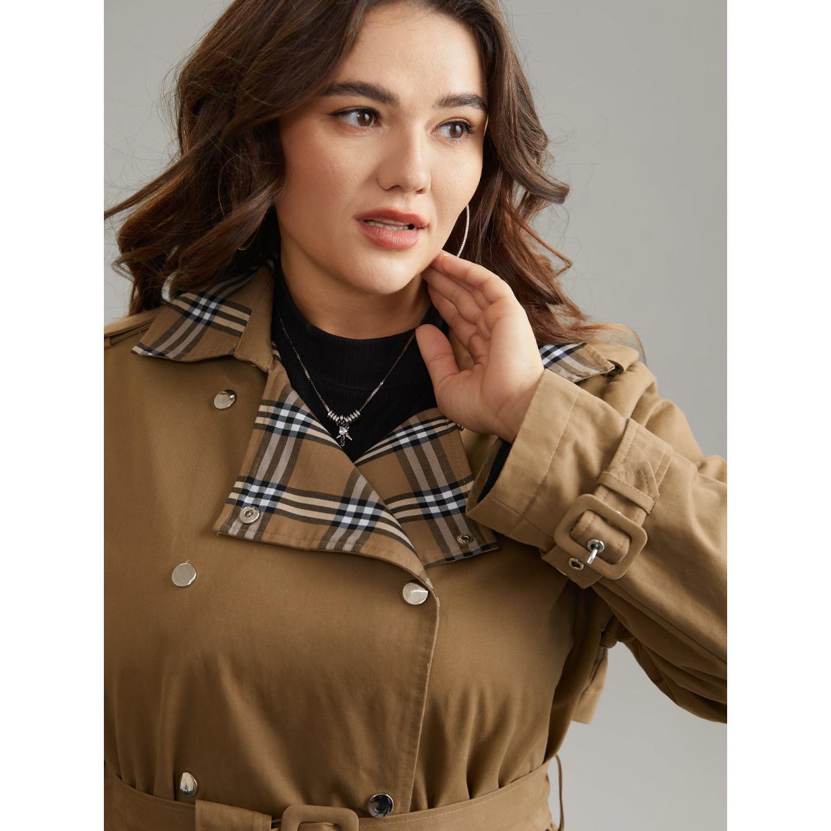 Plus Size Plaid Contrast Belted Double Breasted Coat Women Tan Elegant Lined Ladies Dailywear Winter Coats BloomChic 18-20/2X Product Image