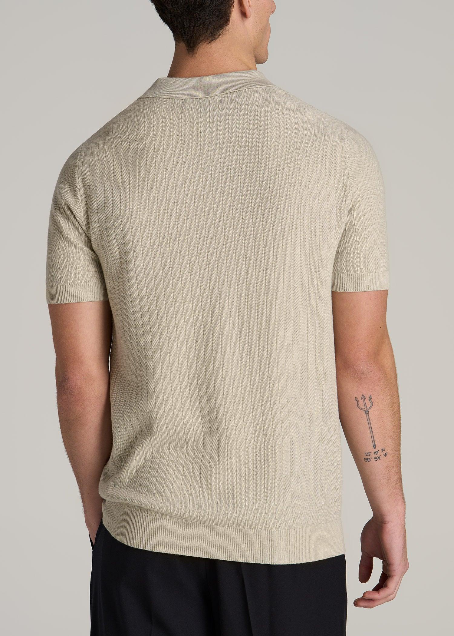 Linen Blend Ribbed Knit Polo Shirt for Tall Men in Stone Product Image