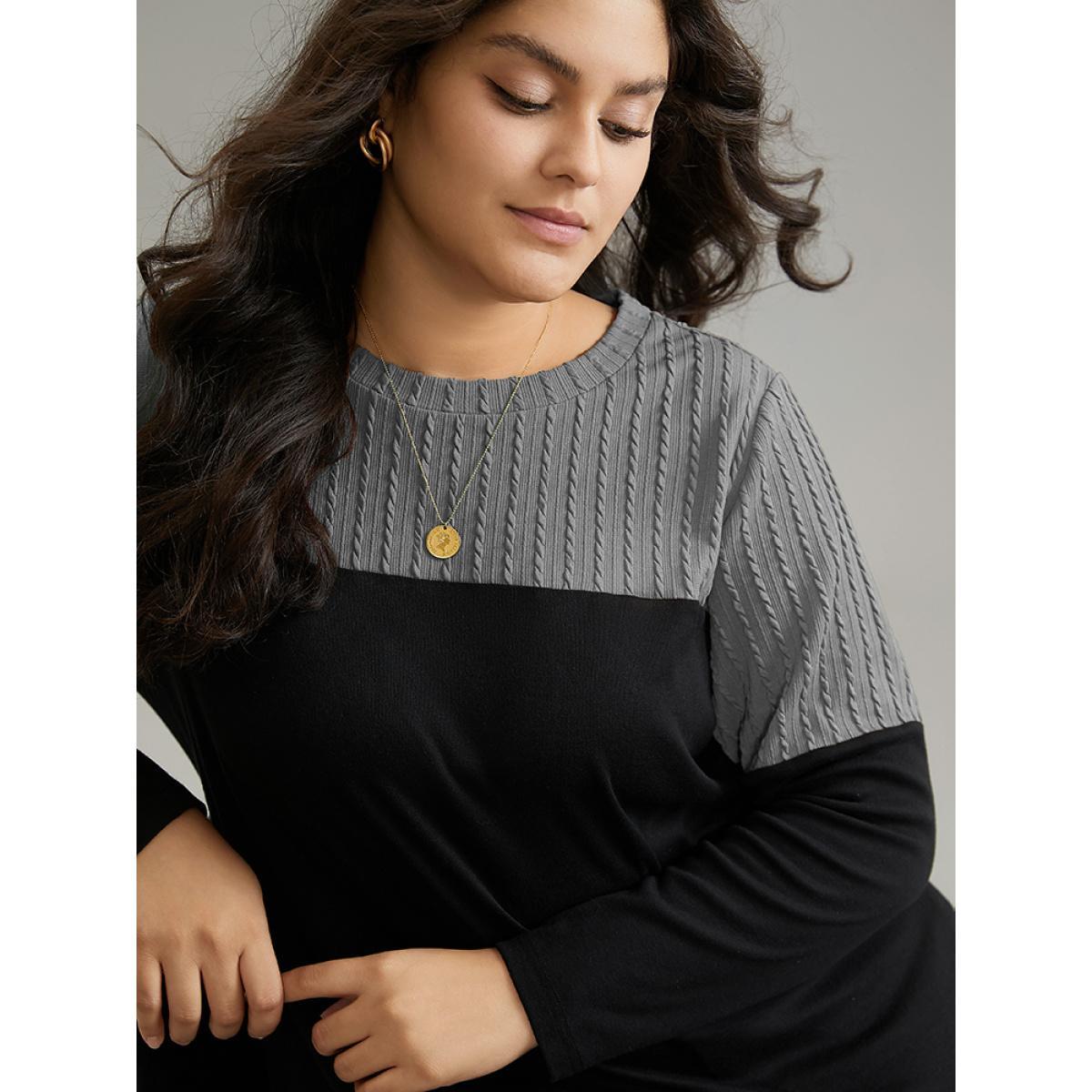 Plus Size Textured Patchwork Contrast Crew Neck Knit T-shirt DarkGray Women Casual Texture Plain Round Neck Dailywear T-shirts BloomChic 14-16/1X Product Image