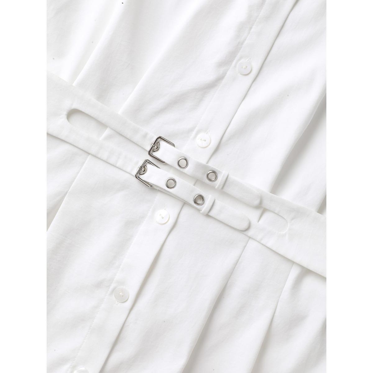 Plus Size Originalwhite Double Belt Waist-Cinched Shirred Blouse Women Short sleeve Shirt collar Work Blouses BloomChic 12/L Product Image
