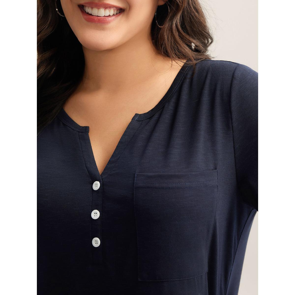 Plus Size Solid Split Neck Button Detail T-Shirt Indigo Women Button Notched collar Everyday-Casual T-shirts BloomChic 12/L Product Image