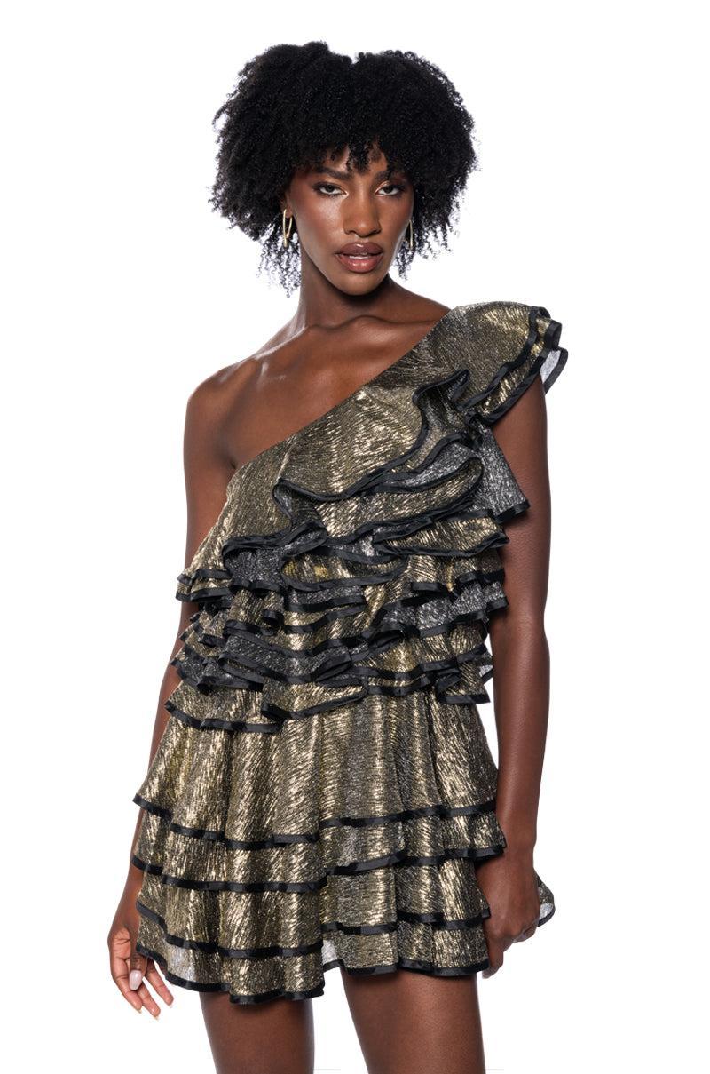 COVER ME IN GOLD RUFFLE MINI DRESS Product Image