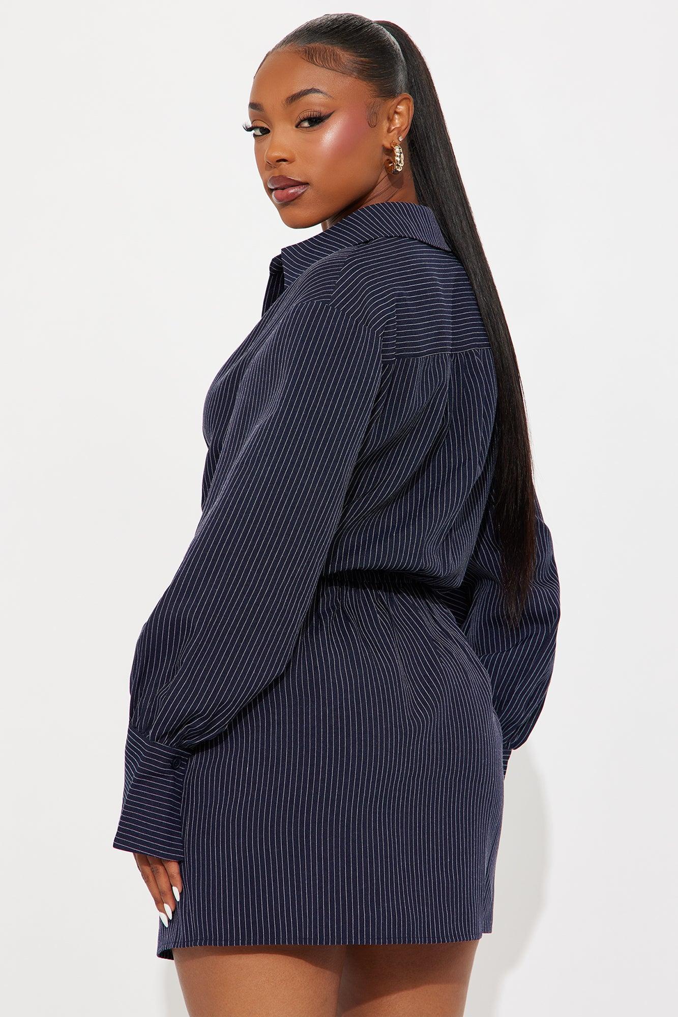 Valentina Pinstripe Shirt Mini Dress - Black Product Image