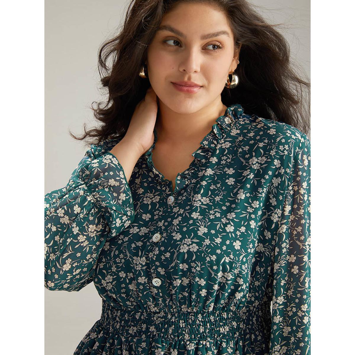 Plus Size Aegean Ditsy Floral Chiffon Shirred Ruffles Frill Trim Blouse Women Elegant Long Sleeve V-neck Dailywear Blouses BloomChic 18-20/2X Product Image