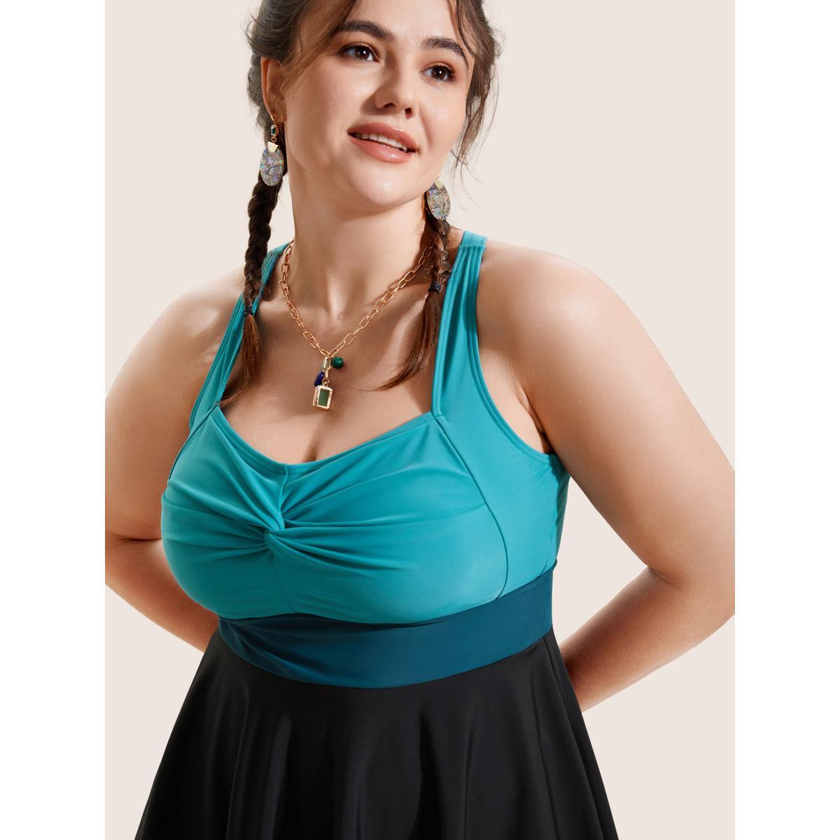 Plus Size Crossover Patchwork Heart Neckline Swim Dress Women's Swimwear Teal Beach Bodycon Heart neckline High stretch Curve Swim Dresses BloomChic 28/5X Product Image