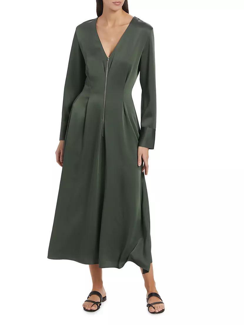 Satin Zip-Front V-Neck Maxi Dress Product Image