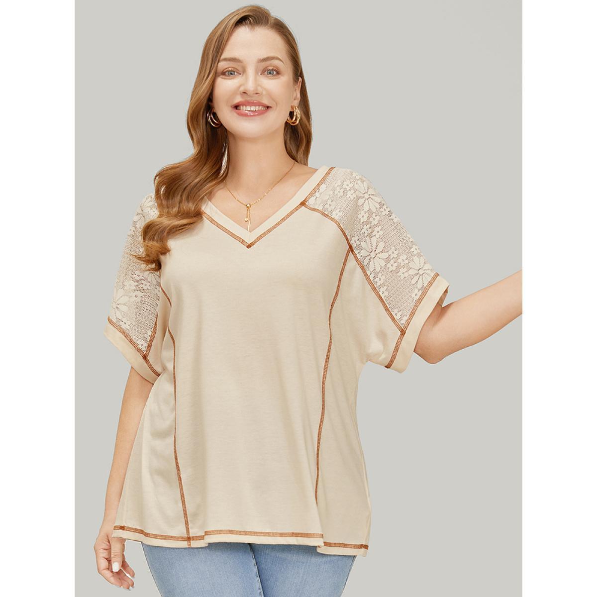 Plus Size Floral Lace Insert Stitch Trim T-shirt Beige Women Elegant Plain V-neck Dailywear T-shirts BloomChic 26/4X Product Image