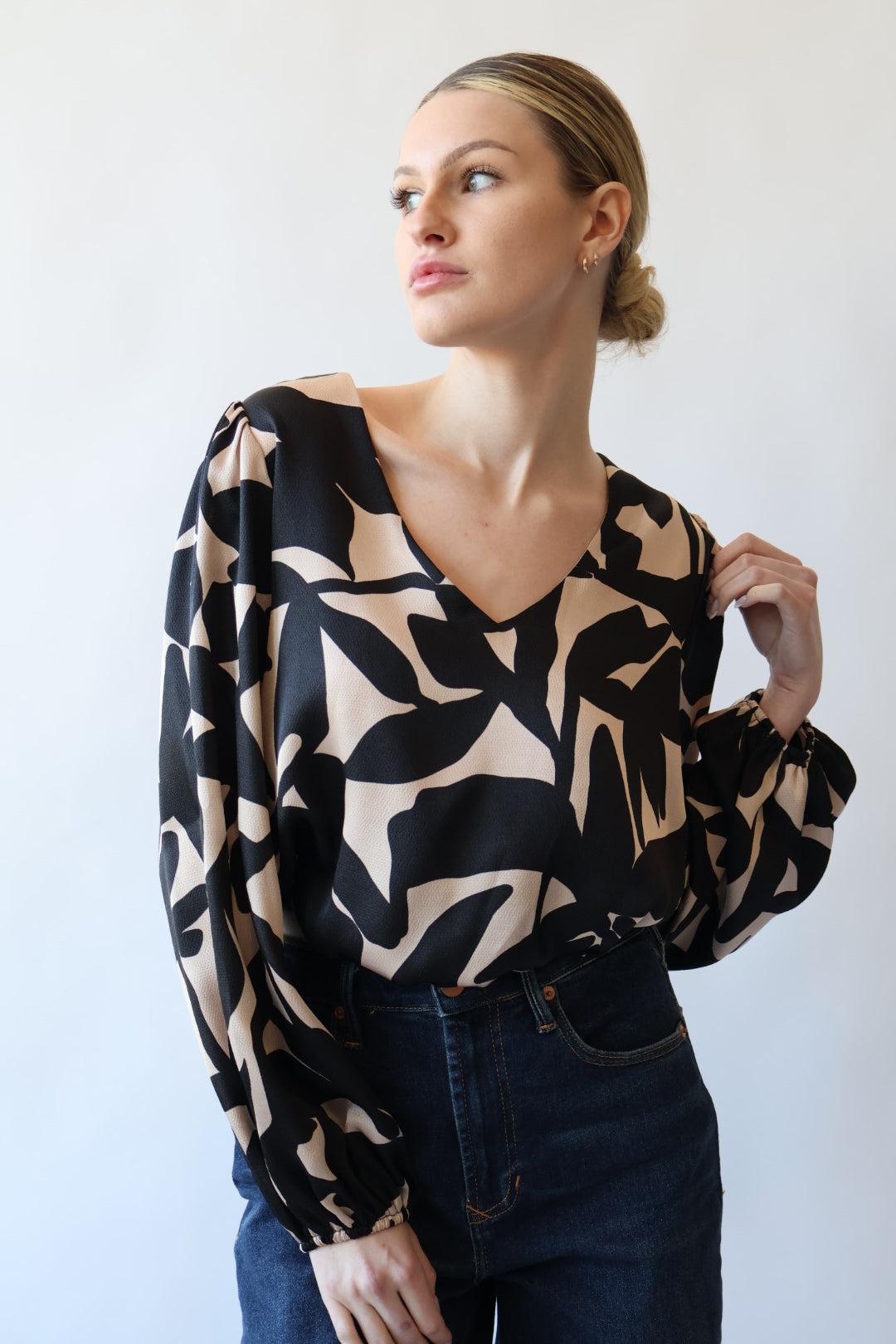 Print V Neck Bubble Hem Blouse Product Image
