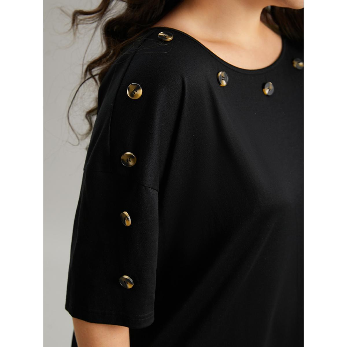 Plus Size Plain Button Detail Drop Shoulder T-shirt Black Women Casual Button Plain Round Neck Dailywear T-shirts BloomChic 26/4X Product Image