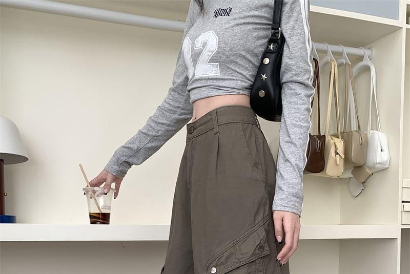 Mid Waist Plain Ruched Wide Leg Cargo Jeans Product Image