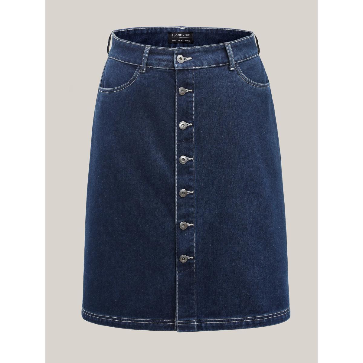 Plus Size Button Front Straight-Fit Denim Skirt Women Midblue Everyday-Casual Button Low stretch Medium Wash 26/4X Slanted pocket Elegant Denim Skirts BloomChic Product Image