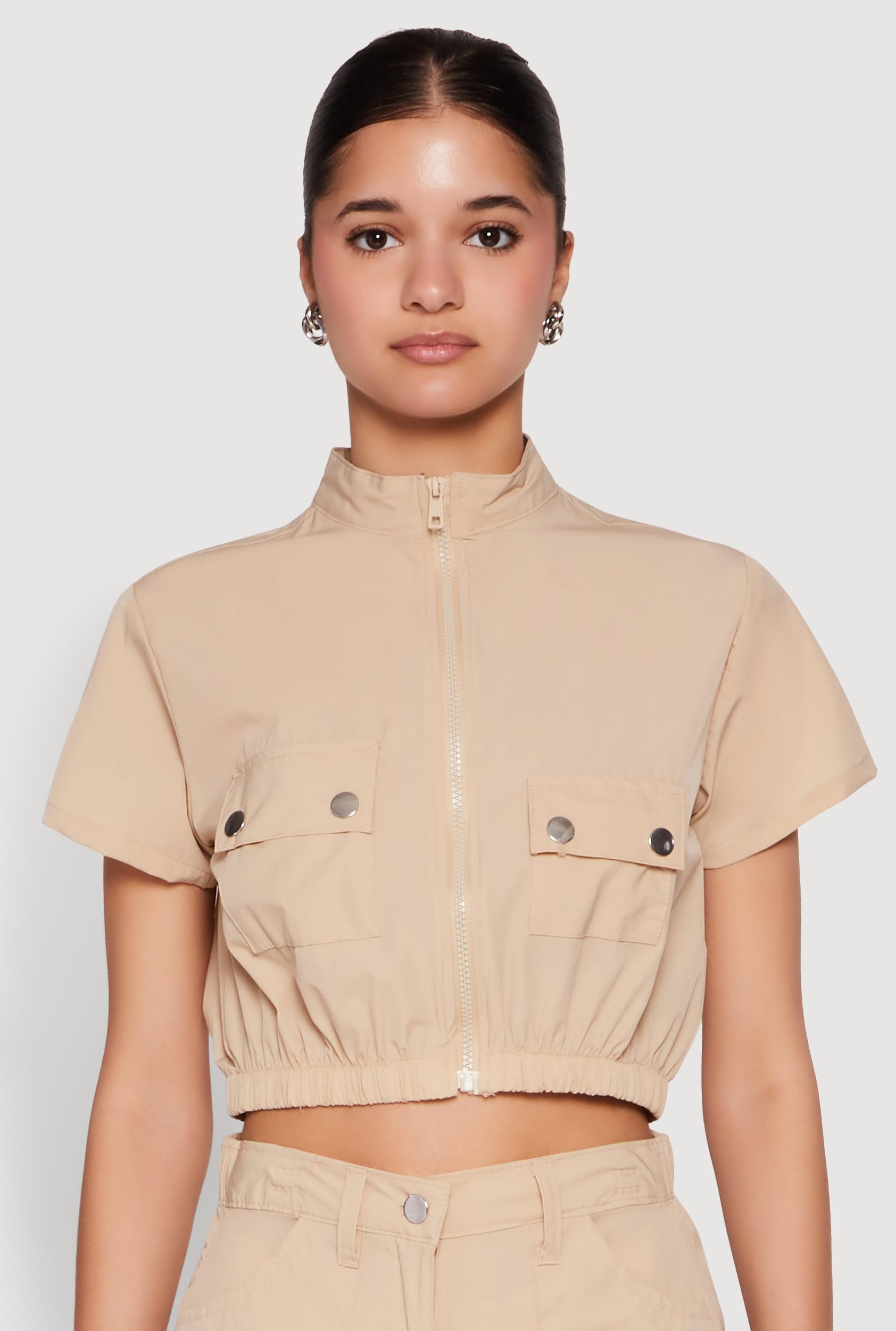 Womens Mock Neck Cargo Pocket Crop Top Product Image