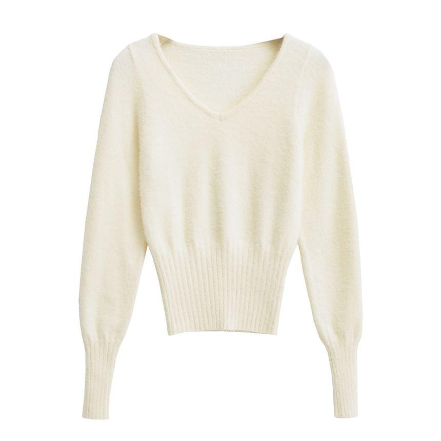 Long-Sleeve V-Neck Plain Sweater Product Image
