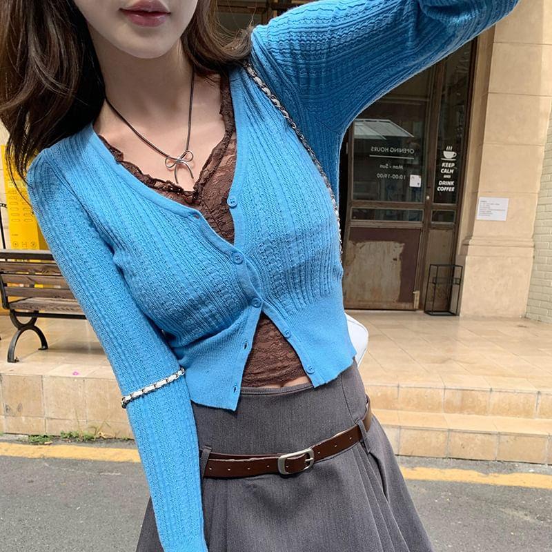 Plain Cable-Knit Cropped Cardigan Product Image
