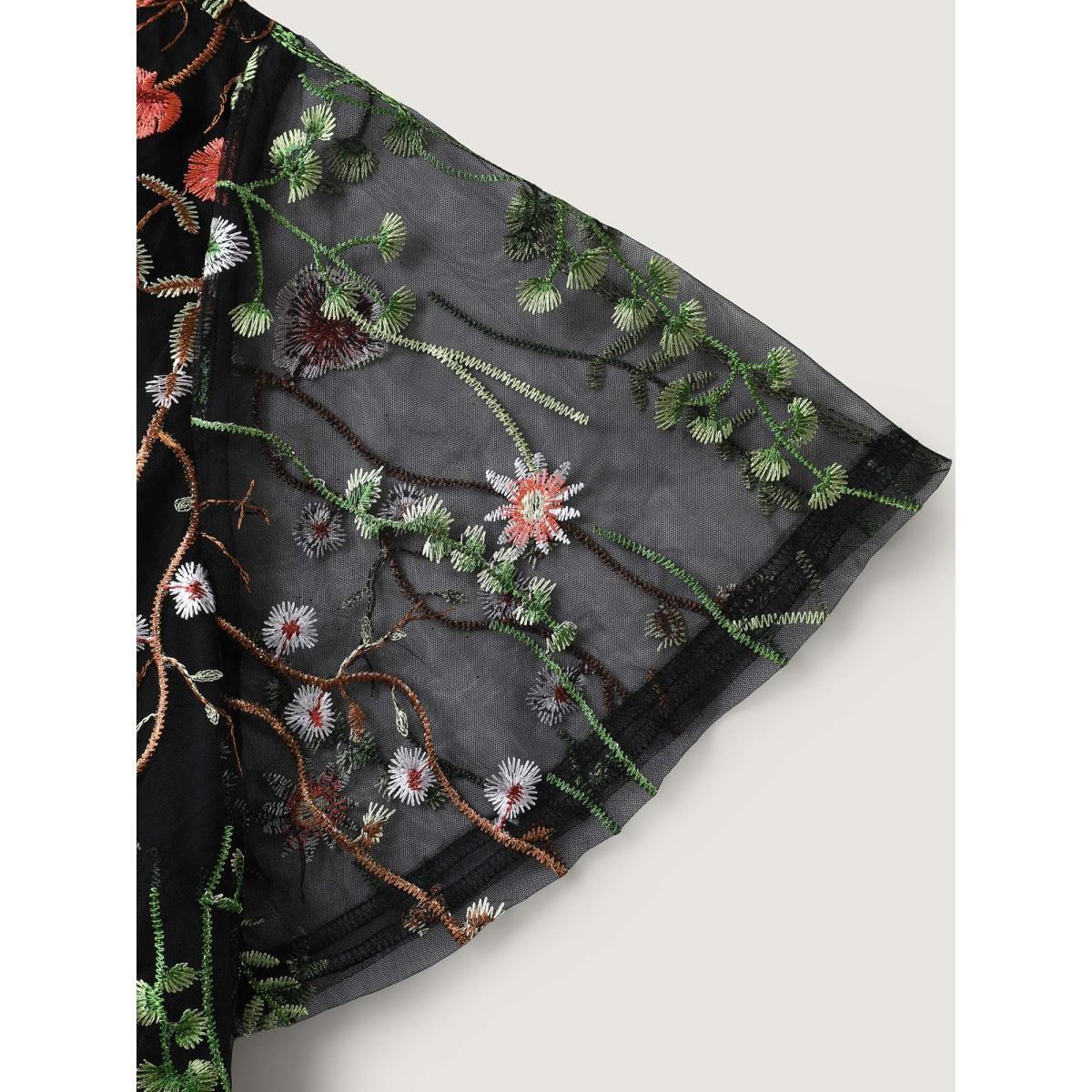 Plus Size Plant Embroidery Sheer Cinched-Waist Midi Dress Black Women Round Neck Short sleeve Curvy BloomChic 26/4X Product Image