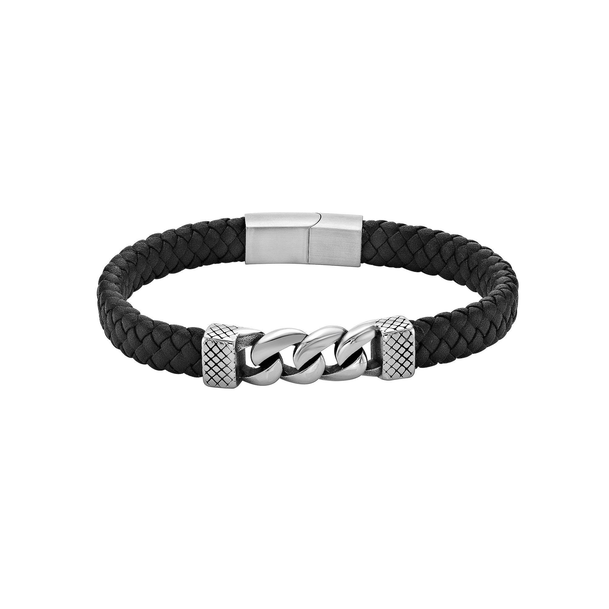 Mens LYNX Stainless Steel & Braided Black Leather Bracelet Product Image