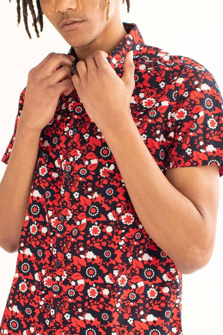 Navy & Red Ditsy Floral Woven Button Up Shirt Product Image
