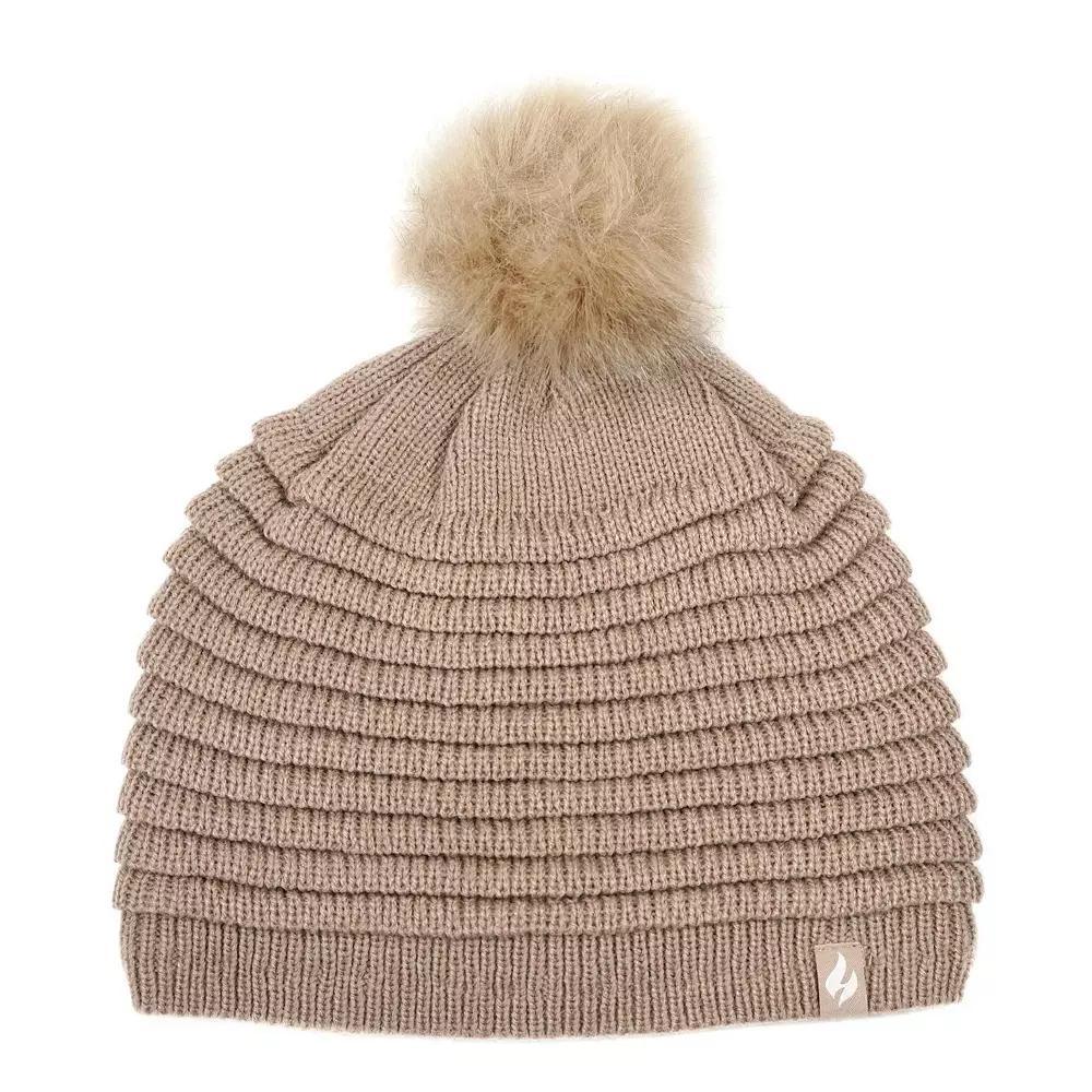 Women's Heat Holders Heatweaver Rib Knit Pom Pom Hat, Beige Product Image