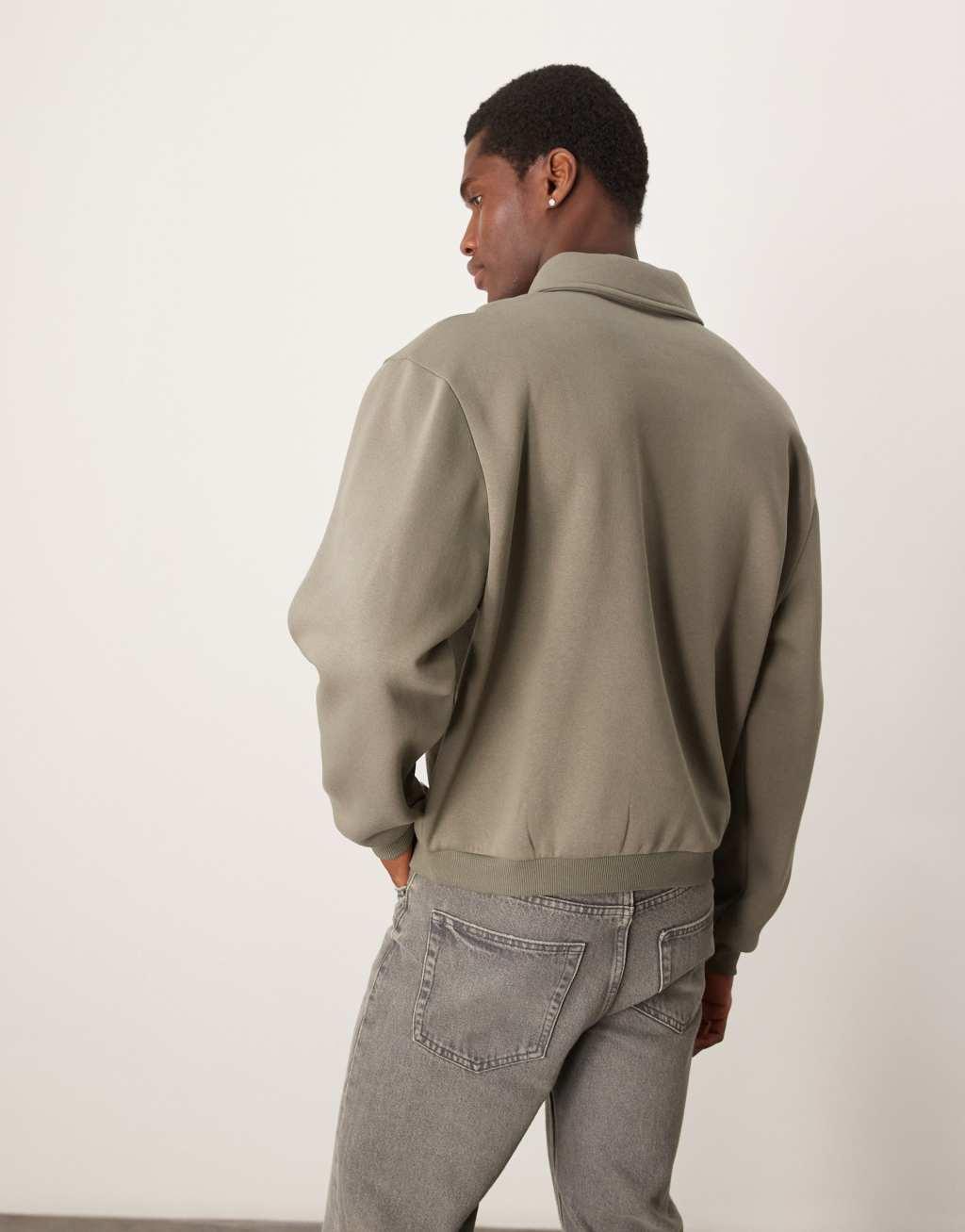 ASOS DESIGN boxy zip collar sweatshirt in khaki Product Image