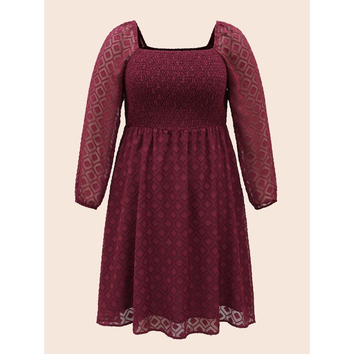 Plus Size Square Neck Textured Mesh Shirred Dress Burgundy Women Elegant Texture Square Neck Long Sleeve Curvy BloomChic 10/M Product Image