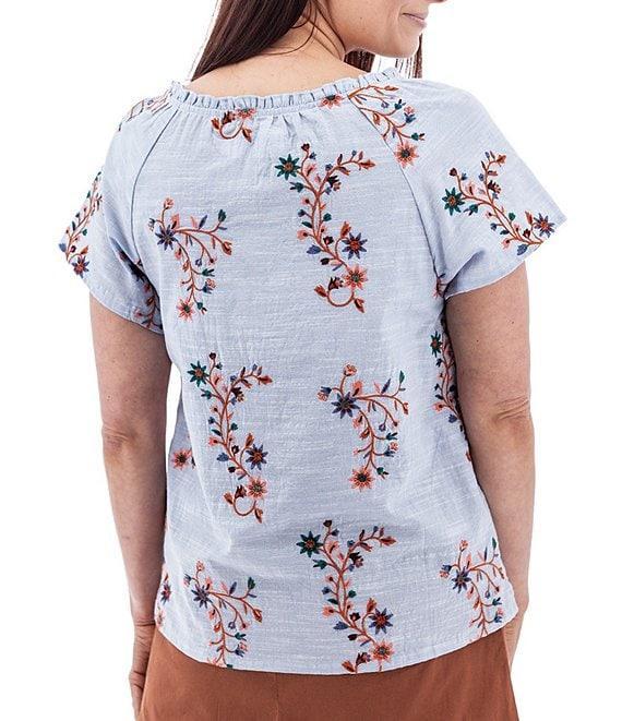 Aventura Lorena Floral Embroidery Split V-Neck Raglan Sleeves Mini Ruched Woven Top Product Image