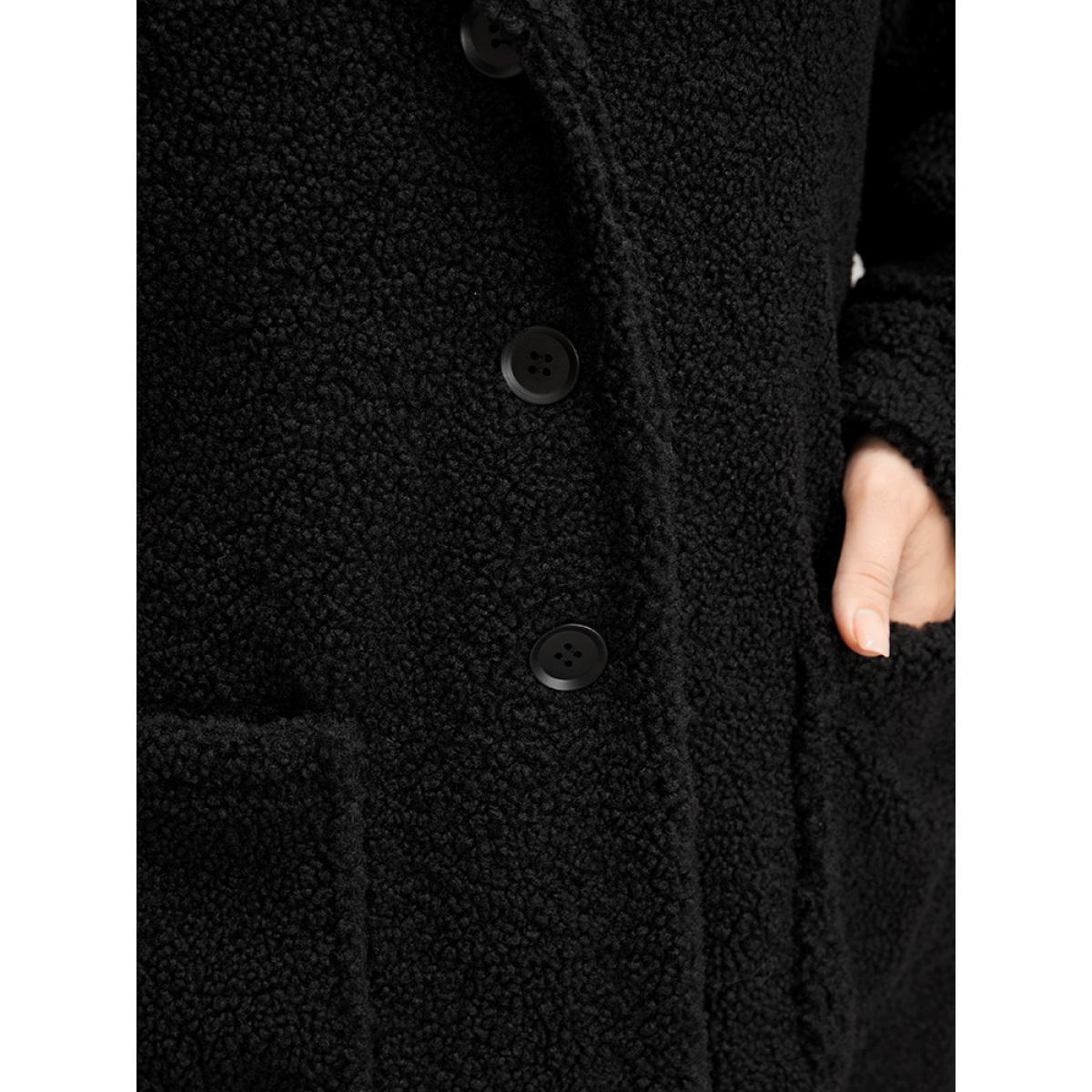Plus Size Solid Suit Collar Pocket Button Up Teddy Blazer Women Black Casual Ladies Dailywear Winter Coats BloomChic 18-20/2X Product Image