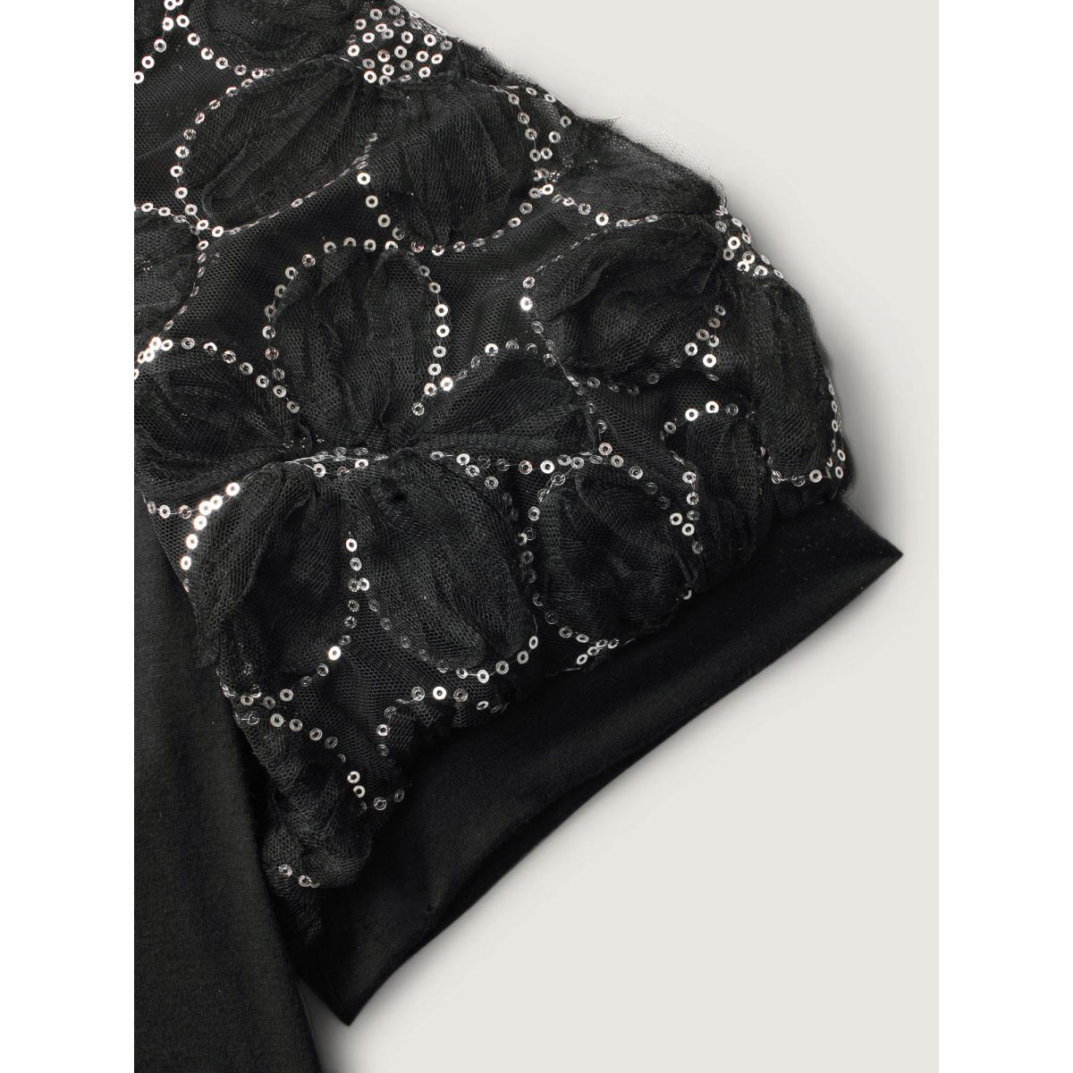 Plus Size Floral Sequin Mesh Round Neck T-shirt Black Women Elegant See through Round Neck Everyday T-shirts BloomChic 18-20/2X Product Image