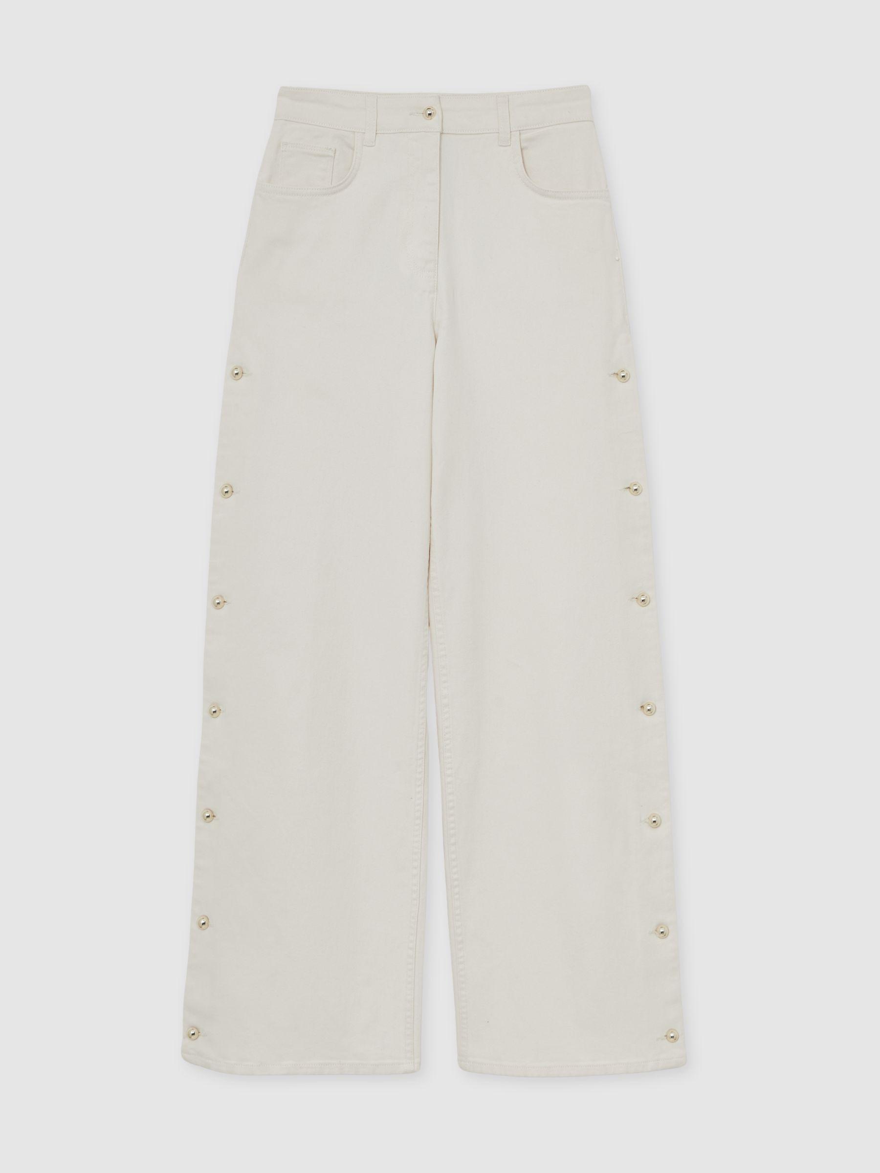 Petite Side Button Wide Leg Jeans in Cream Product Image